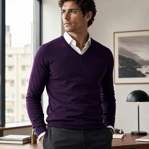 Patrick Assaraf Merino Wool Sweater Mens Medium Designer V-Neck Slim Plum Purple